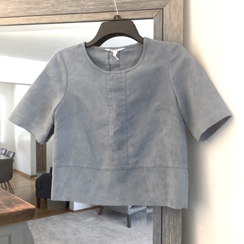 BCBGeneration, XXS, faux suede slate gray blue shirt sleeve crop top, EUC!!